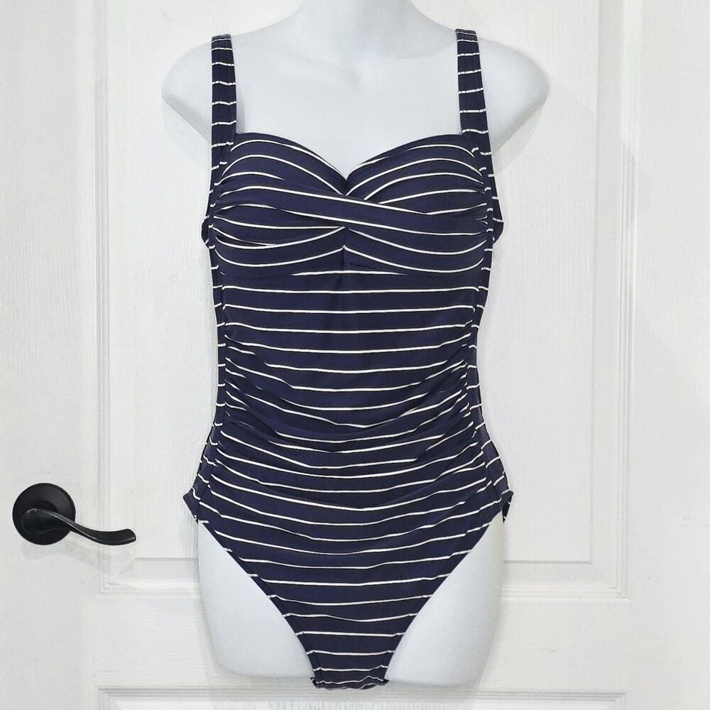 Bond-Eye Australia Ruched Slimming One Piece Swimsuit Womens 10 Navy Blue Stripe - Picture 2 of 6